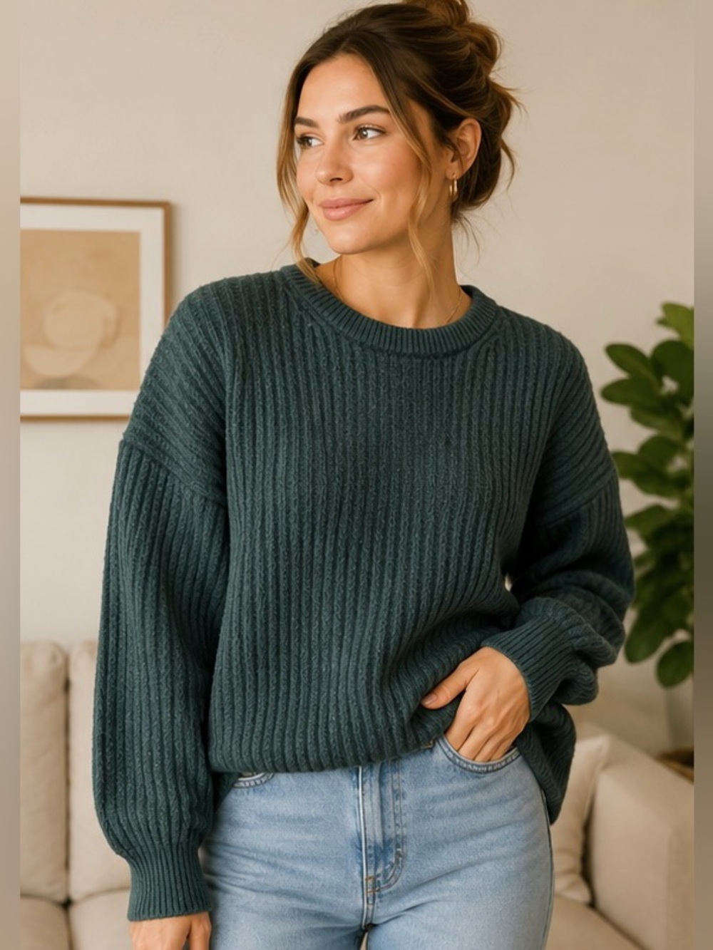Sunday Best Ribbed Knit Sweater Women’s Small Green Relaxed Cozy Pullover